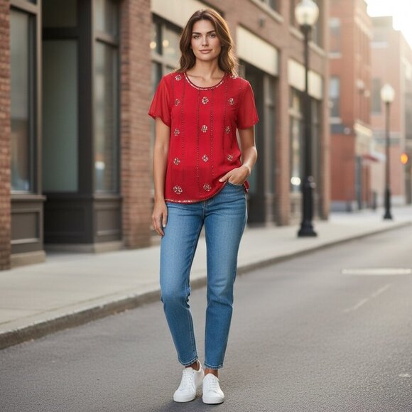 Ashley Stewart Sheer Short Sleeve Sequin Tunic Top Sz 14/16 Red #194B - Picture 3 of 9